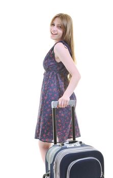 woman tourist packing travel bag isolated on white backgound in studio