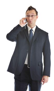 young handsome businessman with cellphone isolated on white