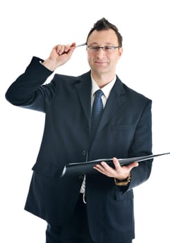 happy young businessman in business suit  portrait isolated on white background