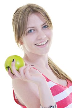 happy young woman eat green apple isolated  on white backround in studio