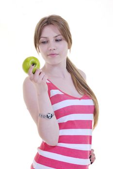 happy young woman eat green apple isolated  on white backround in studio