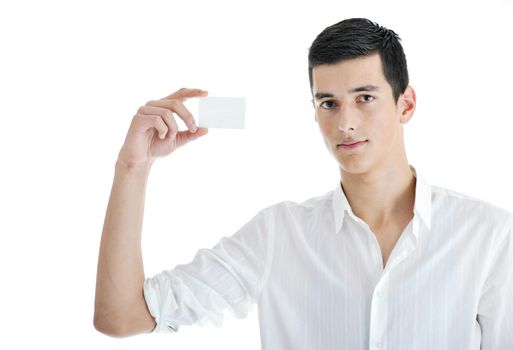 portrait of young businessman with empty business card isolated on white background 