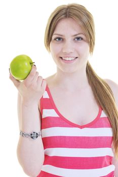 happy young woman eat green apple isolated  on white backround in studio