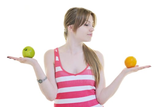 woman eat green apple isolated  on white backround in studio representing healthy lifestile and eco food concept