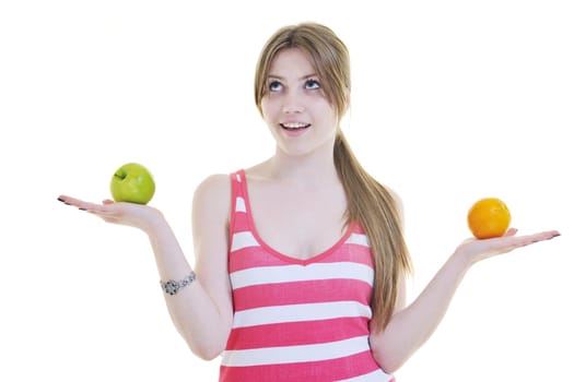 woman eat green apple isolated  on white backround in studio representing healthy lifestile and eco food concept