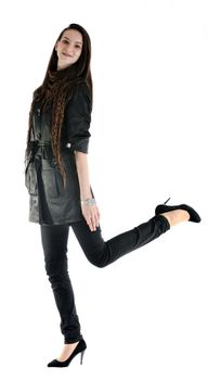 beautiful young woman in fashion clothes isolated on white background