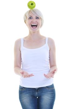 happy young woman eat green apple isolated  on white backround in studio