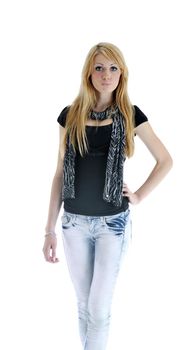 beautiful young woman in fashion clothes isolated on white background