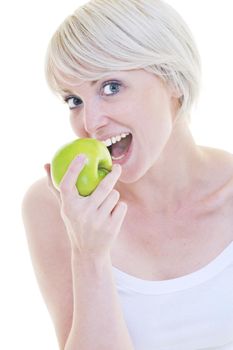 happy young woman eat green apple isolated  on white backround in studio