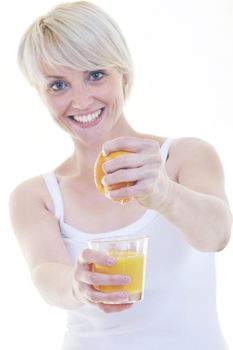 woman squeeze fresh orange juice drink  isolated over white background