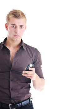 young handsome businessman with cellphone isolated on white