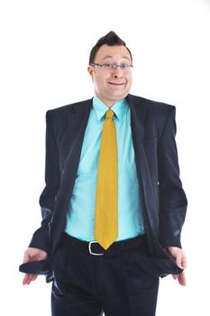 one young businessman hold pocket of pants isolated on white background and representing financial Bankruptcy