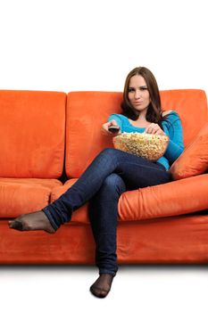 young woman eat popcorn, watching movies and eat popcorn at modern home living room  isolated on white background