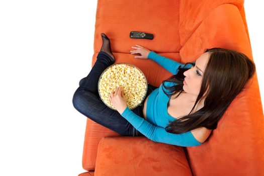 young woman eat popcorn, watching movies and eat popcorn at modern home living room  isolated on white background