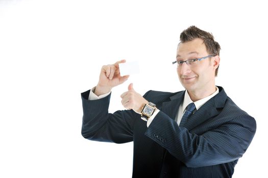 portrait of young businessman with empty business card isolated on white background 