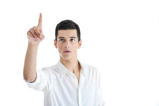 illustration of young business man planing and solving problems with illustrated graph disply screen for database and statistycs