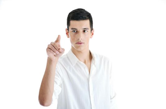 illustration of young business man planing and solving problems with illustrated graph disply screen for database and statistycs