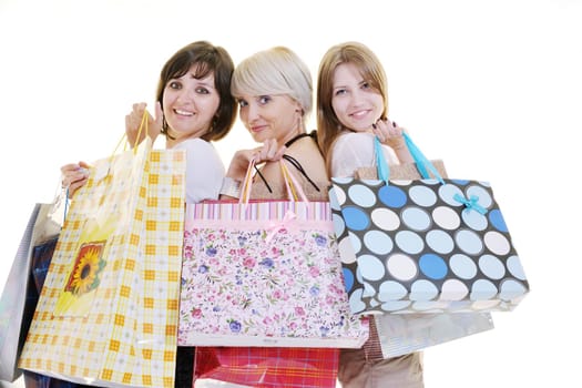 happy young adult women  shopping with colored bags  isolated over white background in studio