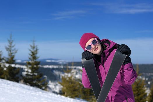 winter woman ski sport fun travel snow