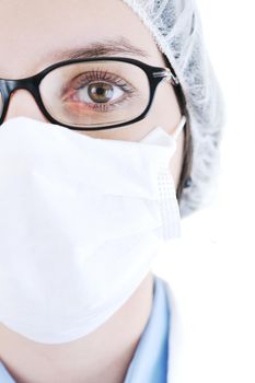 young adult nurse woman face with maskand eyeglasses  closeup 