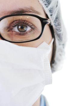 young medical woman with protection mask isolated on white 