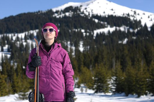 winter woman ski sport fun travel snow