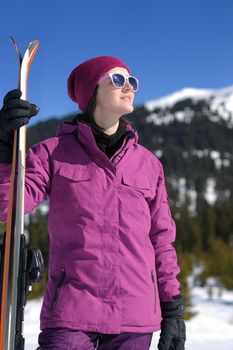 winter woman ski sport fun travel snow