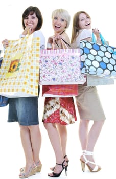 happy young adult women  shopping with colored bags  isolated over white background in studio