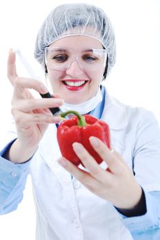 isolated on white young nurse doctor woman with red vegetable food papper representing bio food concept 