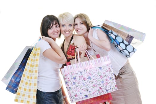 women shopping concept with young lady and colored bags  isolated over white background in studio