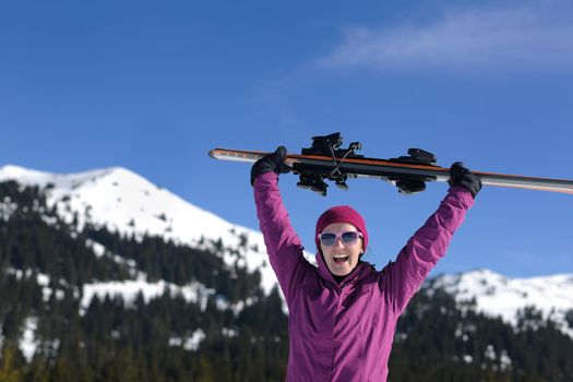 winter woman ski sport fun travel snow