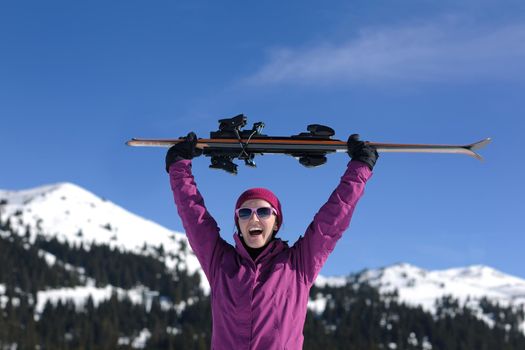 winter woman ski sport fun travel snow