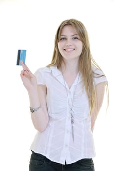 woman hold money credit card isolated on white bacground ready for online money transaction and shopping