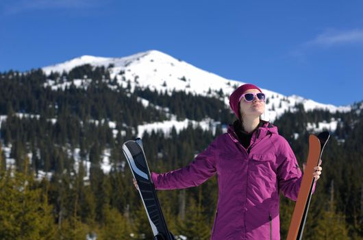 winter woman ski sport fun travel snow