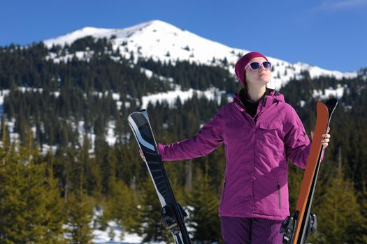 winter woman ski sport fun travel snow