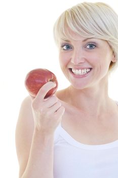 happy young woman eat green apple isolated  on white backround in studio