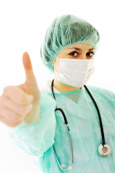 young happy doctor nurse woman with stethoscope isolated on white