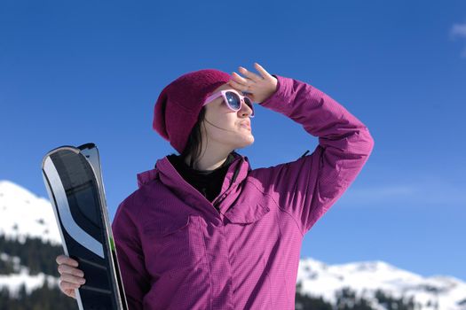 winter woman ski sport fun travel snow