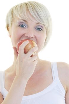 happy young woman eat green apple isolated  on white backround in studio