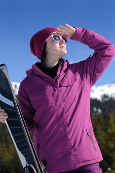 winter woman ski sport fun travel snow