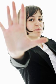 happy young business woman gesturing stop sign with hand