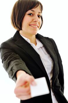 young business woman isolated on white showing and displaying empty business card ready for text