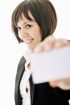 young business woman isolated on white showing and displaying empty business card ready for text