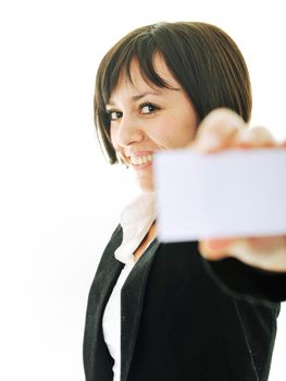 young business woman isolated on white showing and displaying empty business card ready for text