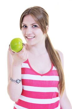 happy young woman eat green apple isolated  on white backround in studio