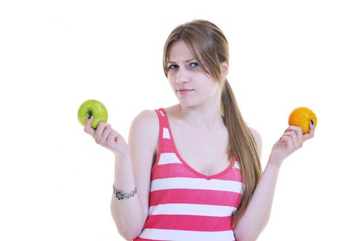 woman eat green apple isolated  on white backround in studio representing healthy lifestile and eco food concept