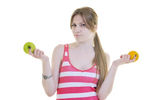 woman eat green apple isolated  on white backround in studio representing healthy lifestile and eco food concept