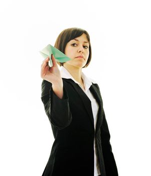 happy young business woman isolated ona white throwing paper airplane 