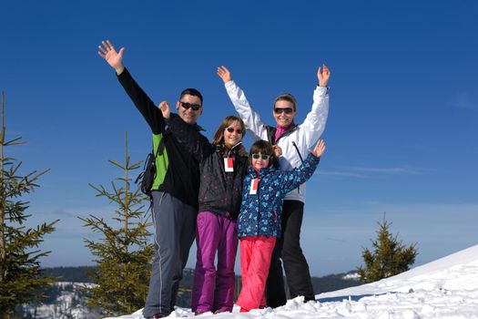 portrait of happy young family at beautiful winter sunny day with blue sky and snow in background