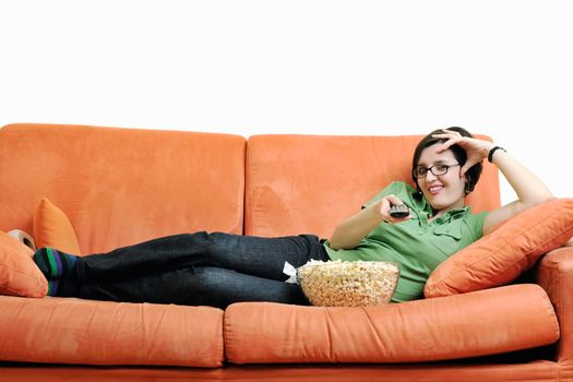 young woman eat popcorn, watching movies and eat popcor isolated on white